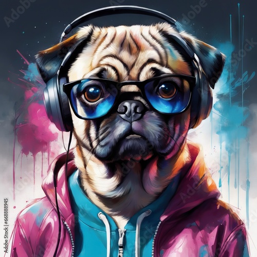 llustration  cute funny cartoon animals in brightly drawn abstract style. Pug.