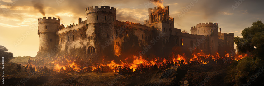 Fototapeta premium Heroic Epoch: A Cinematic View of Medieval Fight Scene near Castle, Embroidering the Fierce Valor of Bygone Warriors, Crafted by Generative AI