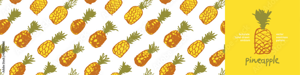 Pineapple pattern seamless, pineapples illustration, hand-drawn vector exotic fruit for vegan banner, juice or jam label design. Ripe ananas background for baby food packaging. Pineapple backdrop. Pineapple pattern seamless, pineapples illustration, hand-drawn vector exotic fruit for vegan banner, juice or jam label design. Ripe ananas background for baby food packaging. Pineapple backdrop.