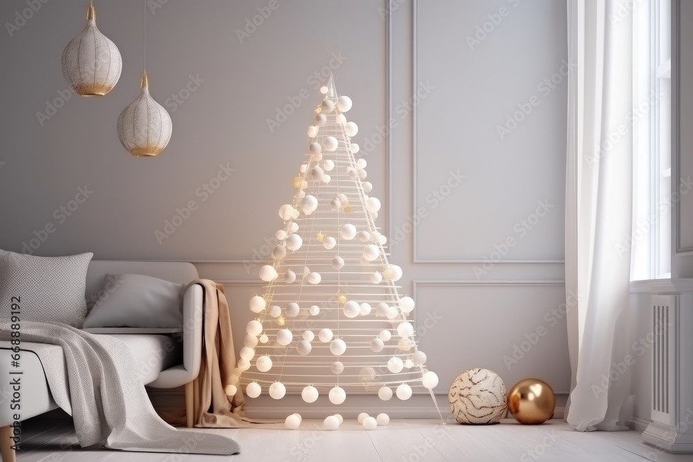 Modern stylish living room with grey sofa and pillows, window, alternative eco christmas tree decorated with white balls. New year, zero waste, eco friendly concept Modern stylish living room with grey sofa and pillows, window, alternative eco christmas tree decorated with white balls. New year, zero waste, eco friendly concept