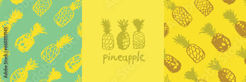 Pineapple pattern seamless, pineapples illustration, hand-drawn vector exotic fruit for vegan banner, juice or jam label design. Ripe ananas background for baby food packaging. Pineapple backdrop.