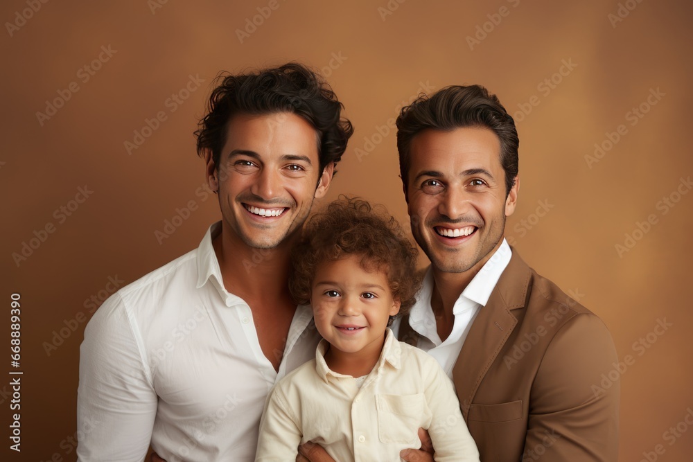 Studio family portait with two fathers and a child. LGBTQ nonbinary couple with a kid. Tolerance, diversity concept