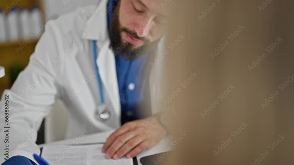 Young hispanic man doctor writing medical report to patient at the clinic Young hispanic man doctor writing medical report to patient at the clinic