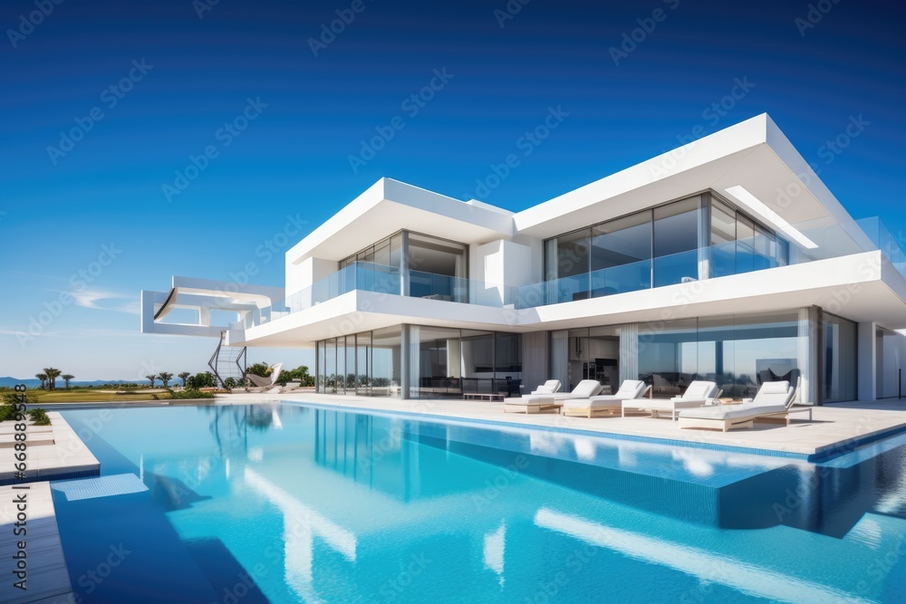 Modern real estate, large contemporary architect house with swiming pool - obrazy, fototapety, plakaty 