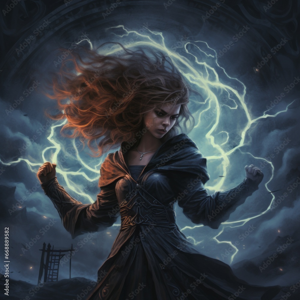 a woman with long hair and lightning