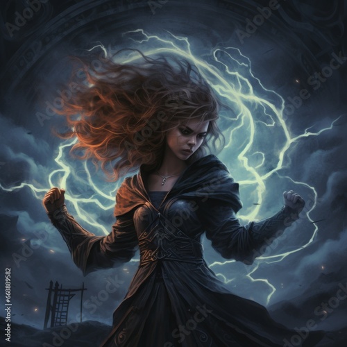 a woman with long hair and lightning