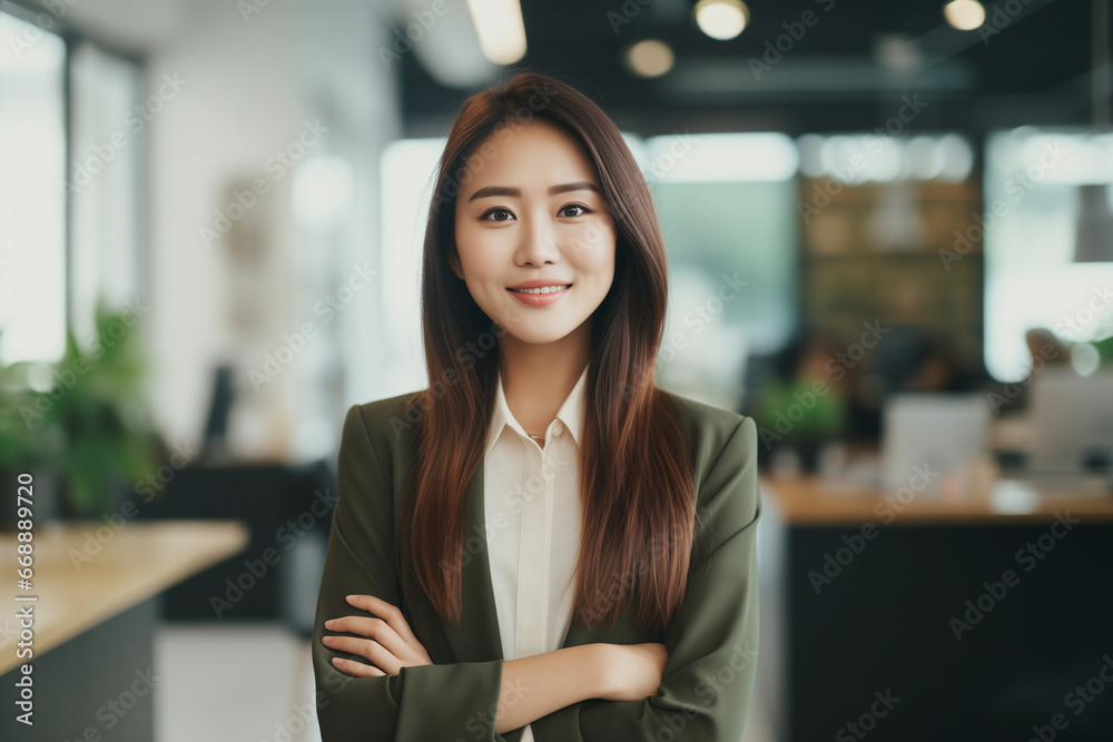 Asian business woman wearing casual clothes, in the office. happy