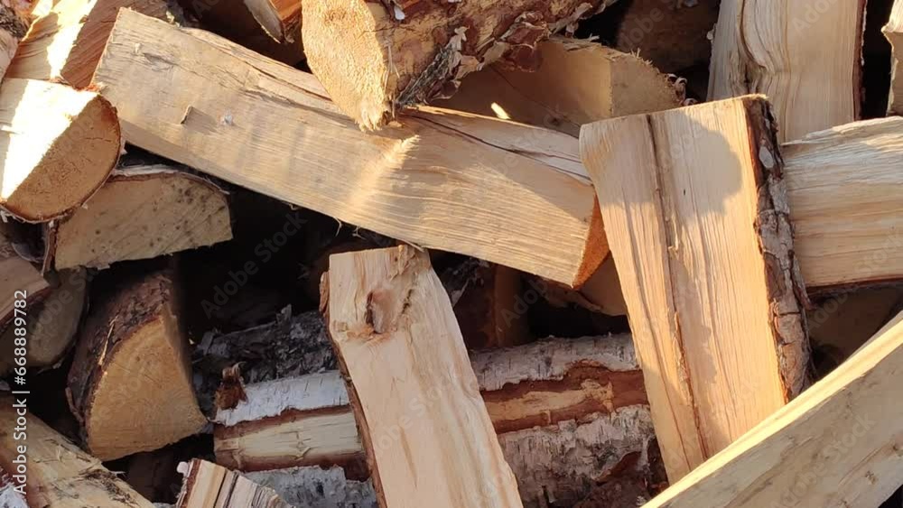 Chopped firewood pile on the green grass. Chopped firewood pile on the green grass.