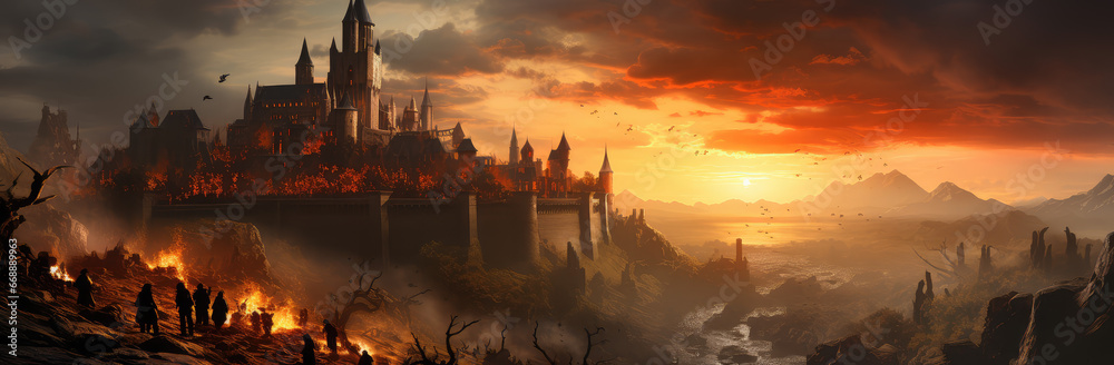 Naklejka premium Heroic Epoch: A Cinematic View of Medieval Fight Scene near Castle, Embroidering the Fierce Valor of Bygone Warriors, Crafted by Generative AI