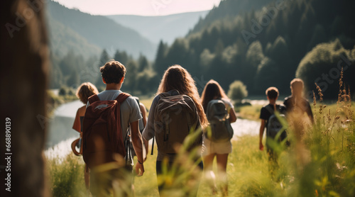 a group of unrecognizable teenagers walking together in nature at a summer camp #668890139