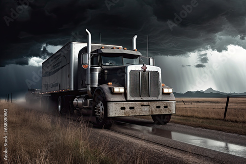 Powerful grey big rig long haul semi truck driving on freeway through meadows at raining thunderstorm day