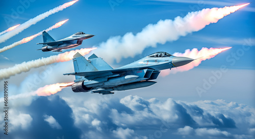 Air combat. Jets conclude dissimilar air combat training. Pair of combat fighter jet on a military mission with weapons - rockets, bombs, weapons on wings