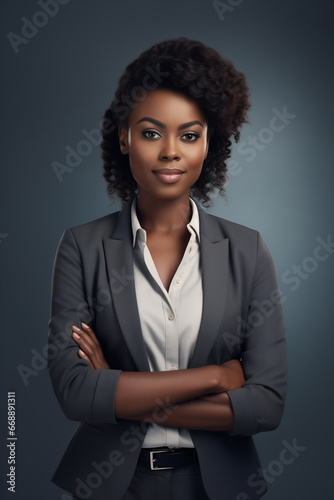 Beautiful black-skinned business woman, smiling, pretty, charming, office worker, positive, well-proportioned, delicate face, facing the public. gradient gray background, soft lights