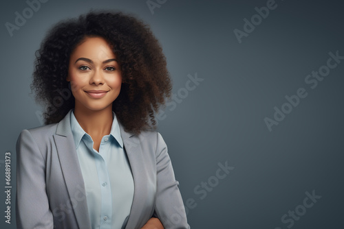 Beautiful black-skinned business woman, smiling, pretty, charming, office worker, positive, well-proportioned, delicate face, facing the public. gradient gray background, soft lights