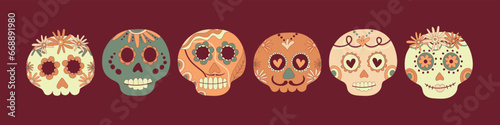 Sugar skulls decorated by design elements and colorful floral ornament. Mexican national holiday Day of the dead. Festive banner templates for Dia de los muertos. Vector illustration