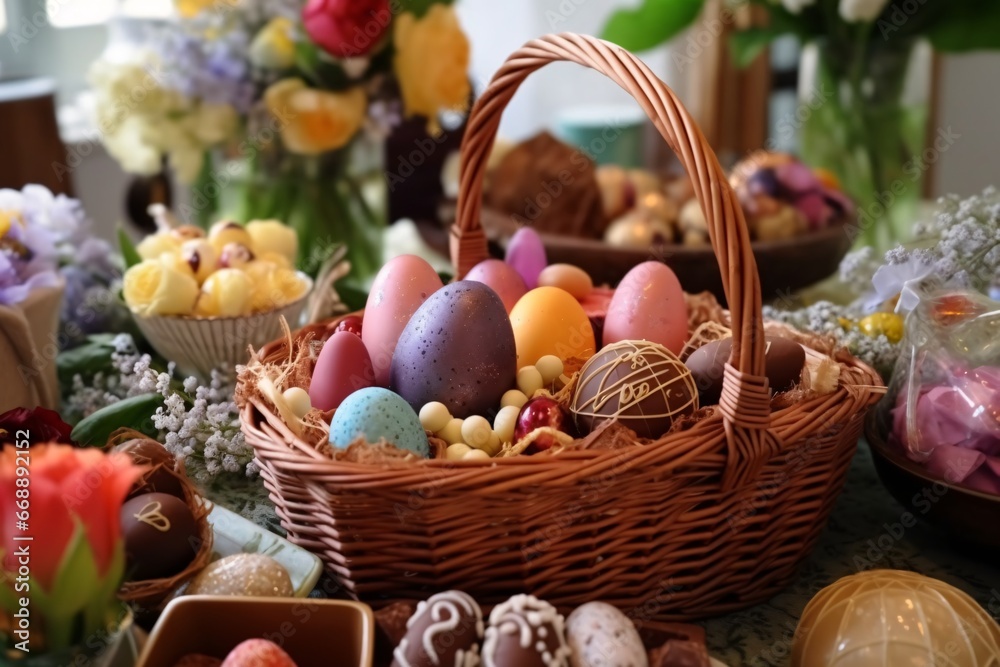 Colorful Easter eggs in a wicker basket on the table. Colorful Easter eggs in a wicker basket on the table.