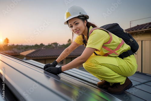 Young Asian woman working on rooftop installing solar panels. Empowerment self-employed entrepreneur concept renewable energy