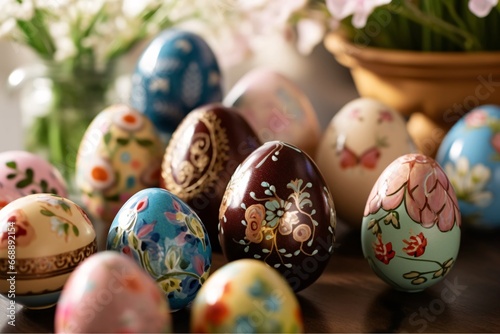 Painted Easter eggs with floral ornament on rustic wooden background.