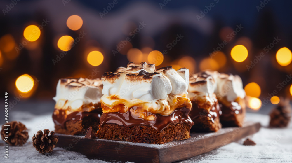 Slices of S'mores brownies on wooden board. Festive atmosphere. Horizontal, side view.