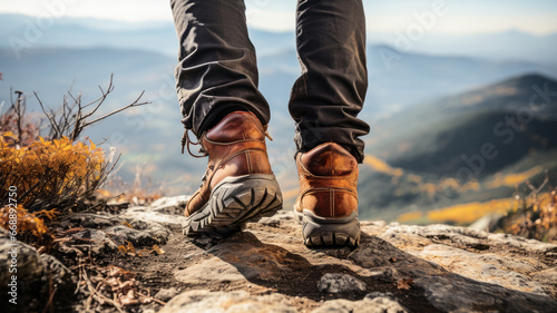 A person wearing hiking boots stands in the mountains and . © senadesign