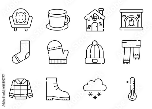 Winter line icon set. Snowy house, fireplace, armchair, cup, sock, glove, beanie, scarf, jacket, boot, snow cloud, thermometer.