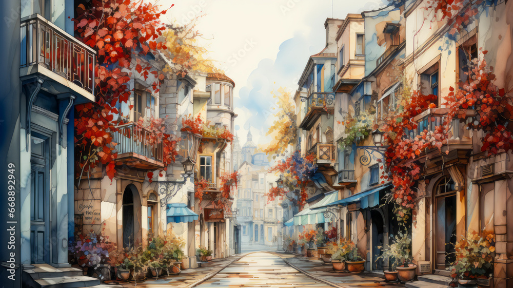 Naklejka premium Watercolor painting of a city streets in autumn