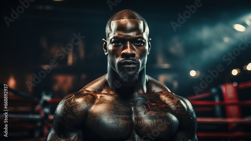 Serious young boxer portrait exudes confidence and determination in an intense boxing match