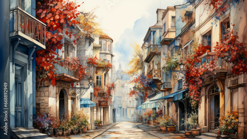 Fototapeta Watercolor painting of a city streets in autumn