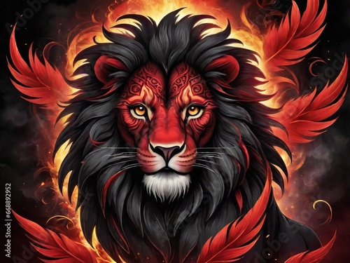 "A close-up view of a mystical lion with phoenix-like qualities, adorned in vibrant digital hues of red and black. Generative AI