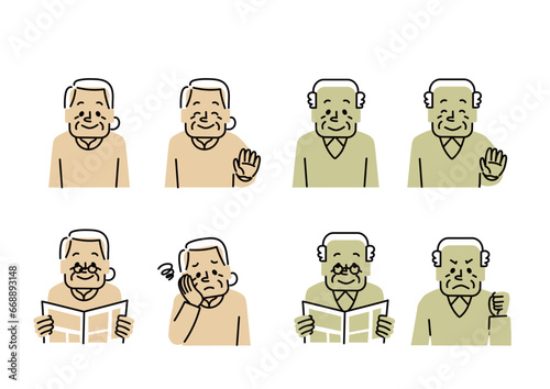 いろんな表情のおじいさんおばあさんのイラストセット（笑顔、新聞を読む、がっかり、怒る）