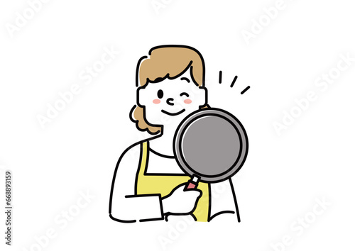 エプロンをつけている主婦のイラスト（料理、ウインク）