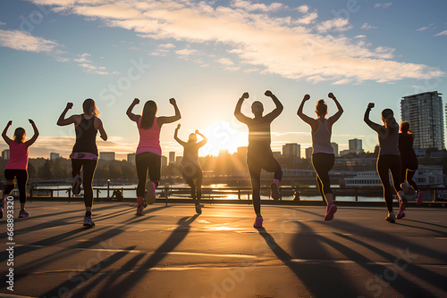 In the tranquil ambiance of the early morning, a dedicated group of women, dressed in vibrant workout attire, gathers in an urban setting to engage in a collective fitness routine photo