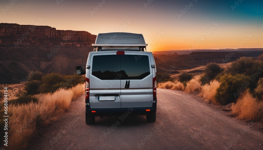 Van on a canyon path at sunset: Symbolizing adventure and freedom in nature