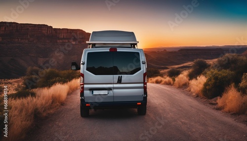 Van on a canyon path at sunset: Symbolizing adventure and freedom in nature © ibreakstock