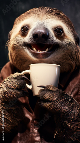 memes engraçados, bicho preguiça tomando café, arte animal