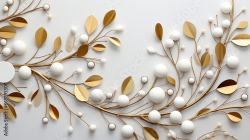 Branches with leaves as gold ornament, pearls, petals