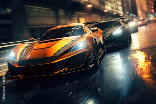 Two fast sports cars in a head to head race at night in a city.