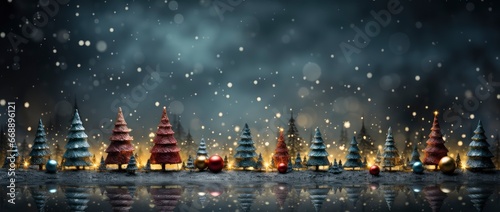 Enchanting winter scene with sparkling trees, glimmering ornaments, and starry night backdrop. Perfect for festive designs.