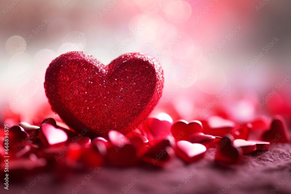 Happy Valentines day. Valentines day background with red hearts on bokeh background