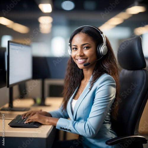 Young friendly woman working as a call center operator. Headset with headphones and microphone. sing Customer service. Managing tasks with computer at office. People of color. Generative AI