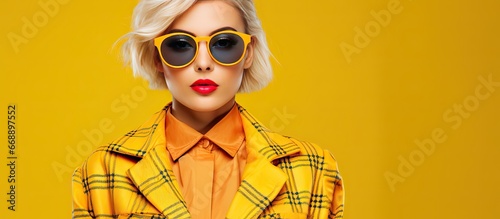 Blonde woman in plaid jacket dress with yellow glasses on yellow background