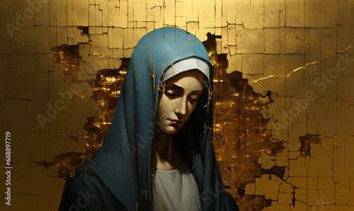 an icon of a chaste religious woman wearing a teal blue and white headdress against fractured golden stone wall; painted style