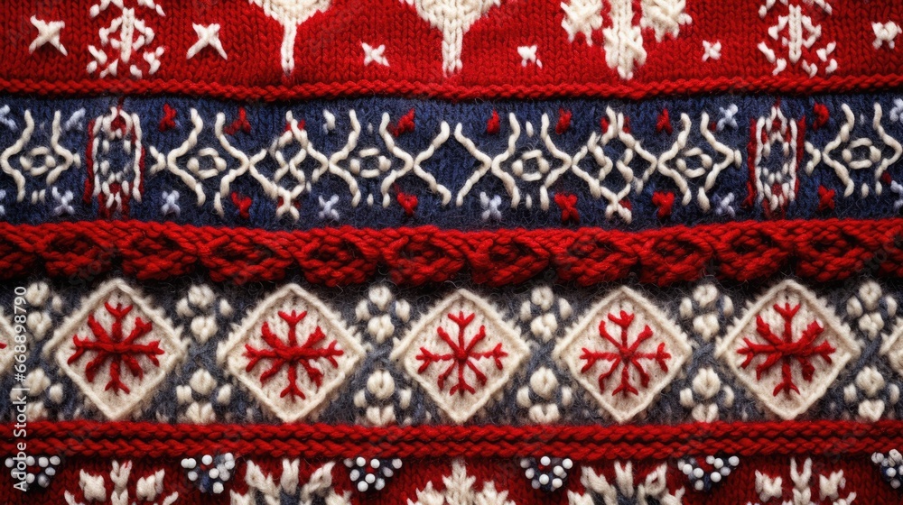 Knitted Christmas Ugly sweater background in white, red, green colors. Knit print. Knitted Xmas sweater texture wallpaper. Merry Christmas Happy New Year concept..