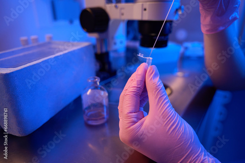 Experienced embryologist preparing biological samples for vitrification photo