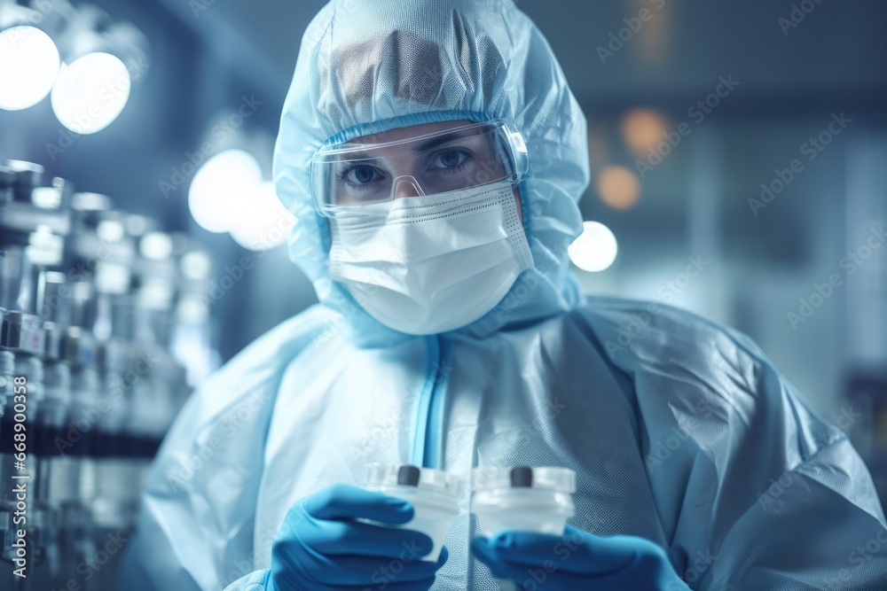 A pharmaceutical researcher in a cleanroom environment, wearing a hazmat suit and handling vials of experimental vaccines, medicine, treatment, development study. A pharmaceutical researcher in a cleanroom environment, wearing a hazmat suit and handling vials of experimental vaccines, medicine, treatment, development study.
