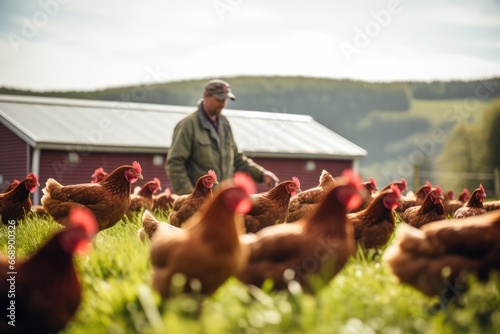 A farmer tending to a group of free-range chickens in a spacious coop, with a backdrop of rolling green hills. Organic farm.