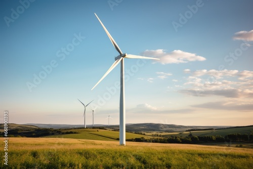 A wind turbine spinning in a wind farm, supplying sustainable energy to a rural farm community.