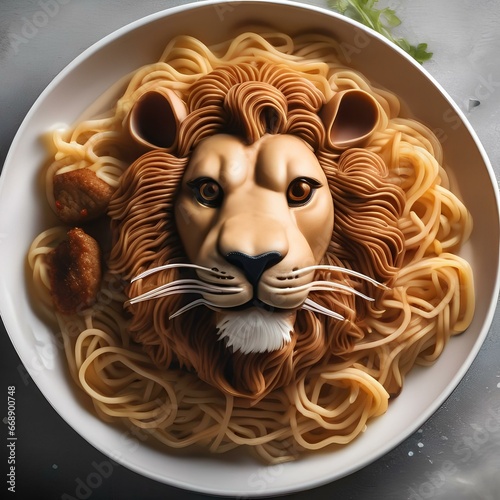 A plate of ramen noodles shaped like a lion, with meatball mane and spaghetti body4