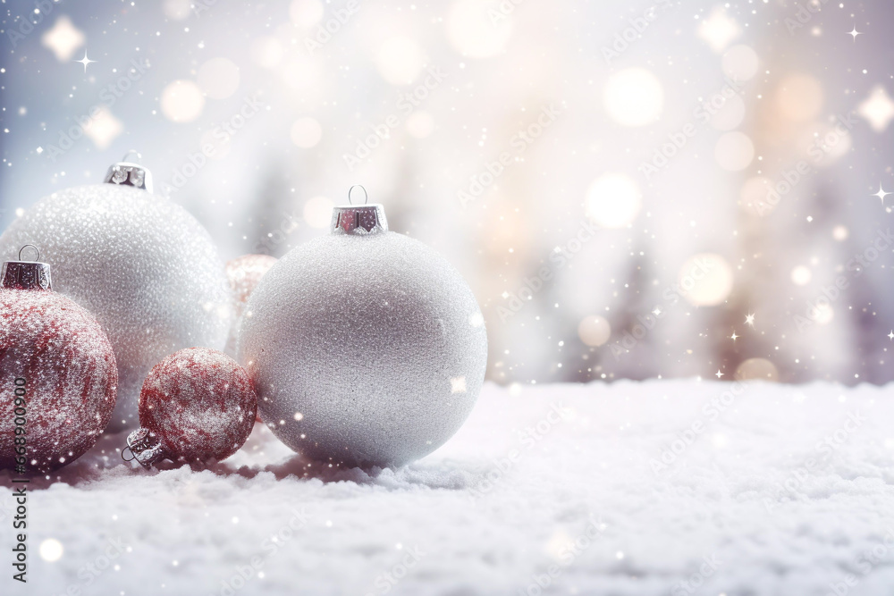 Festive Christmas baubles lying on the fresh snow with blured lights and snow in the background Christmas greeting card image Festive Christmas baubles lying on the fresh snow with blured lights and snow in the background Christmas greeting card image