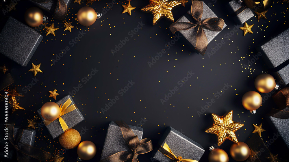 Festive Christmas and new year image with miniature gift boxes and baubles against a black background Christmas greeting card image festive desktop background Festive Christmas and new year image with miniature gift boxes and baubles against a black background Christmas greeting card image festive desktop background
